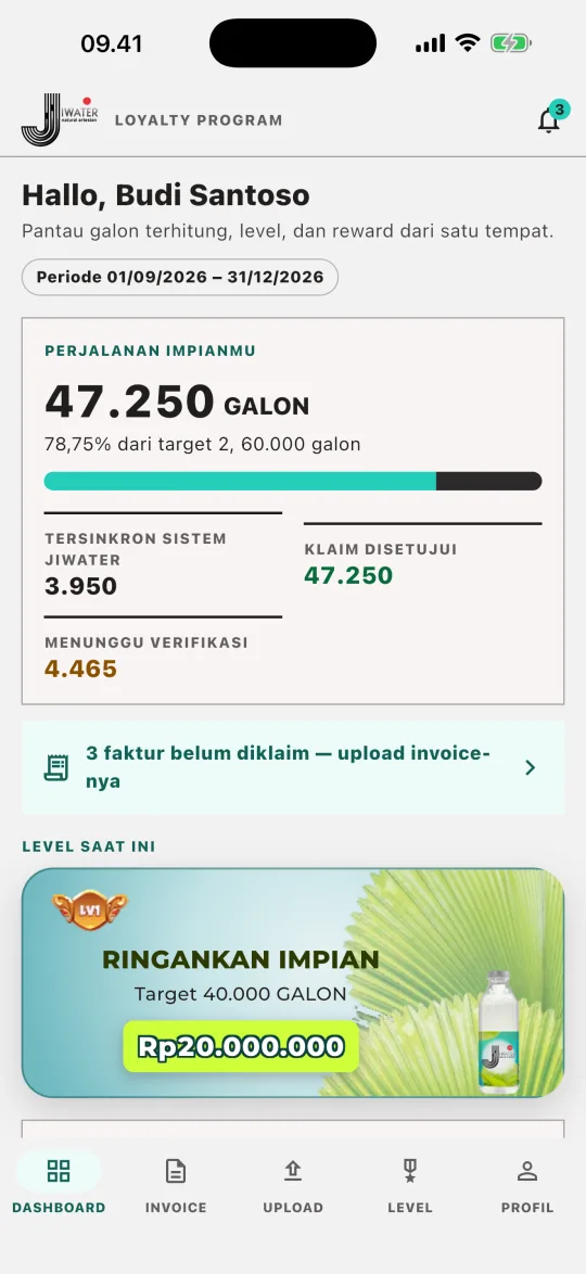 Tampilan dashboard app Jiwater di HP